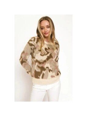 Mystree Long Sleeve Crew Neck Fuzzy Multicolor Camo Sweater - Sz L - New